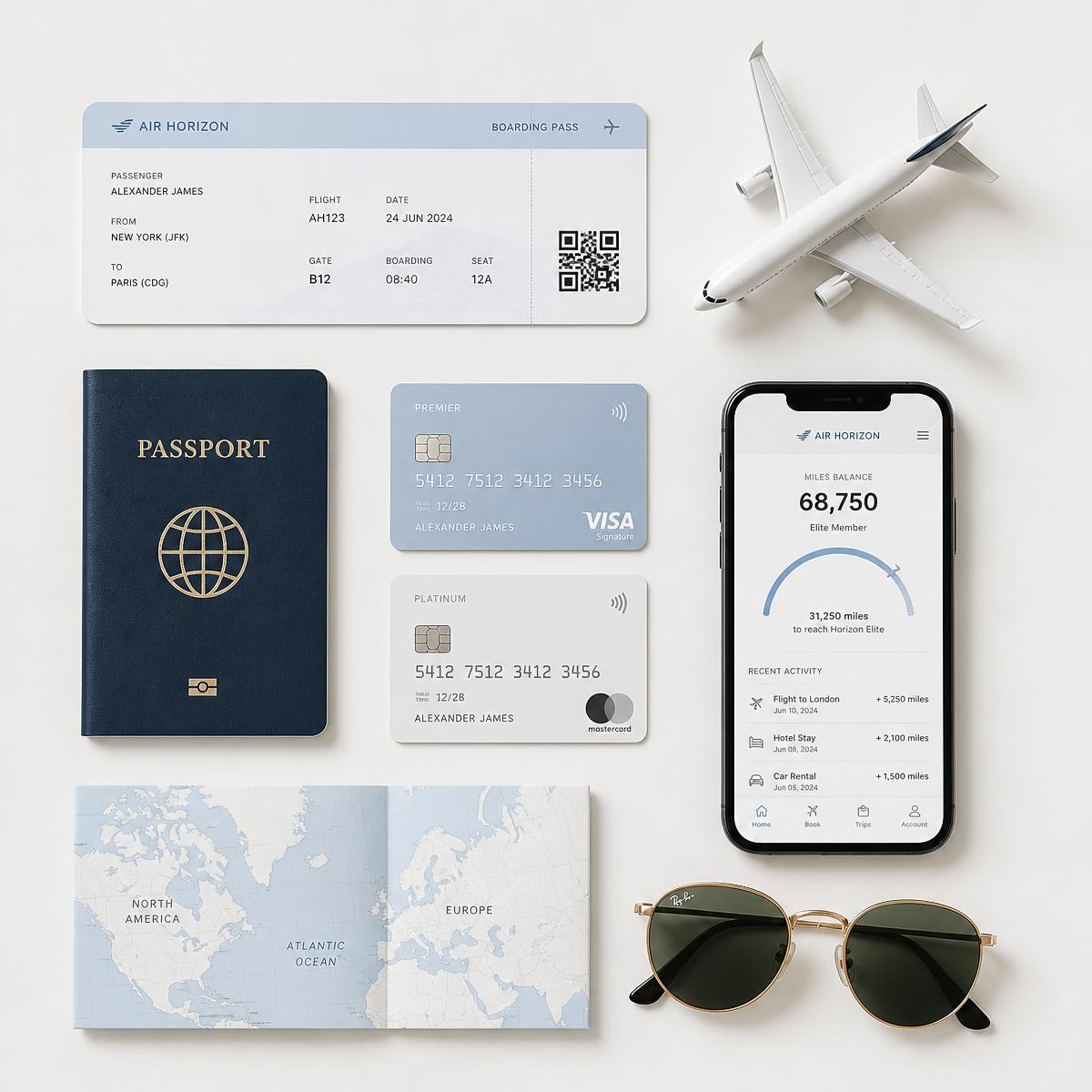 Composição de itens de viagem: passaporte, boarding pass, cartões e mapa